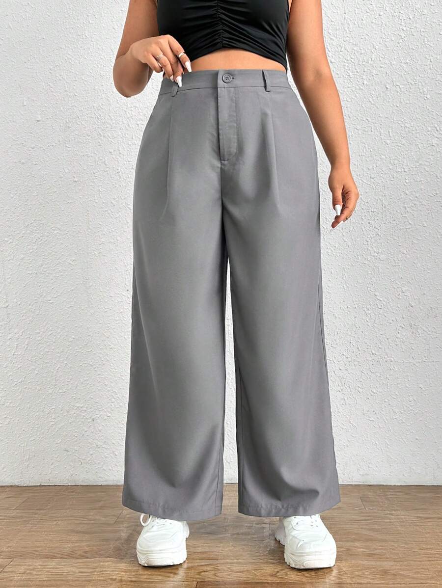 SHEIN EZwear 大碼高腰闊腿褲 - 灰色 - 查看 1