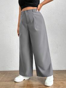 SHEIN EZwear 大碼高腰闊腿褲 - 灰色 - 查看 3