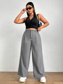 SHEIN EZwear 大碼高腰闊腿褲 - 灰色 - 查看 4