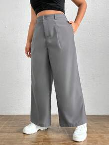 SHEIN EZwear 大碼高腰闊腿褲 - 灰色 - 查看 5