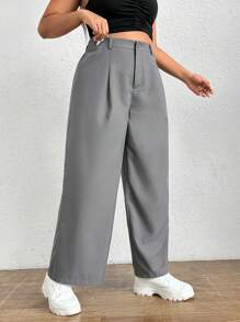 SHEIN EZwear 大碼高腰闊腿褲 - 灰色 - 查看 6