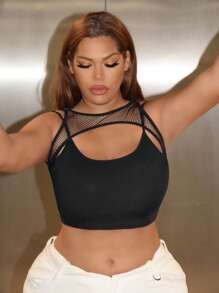SHEIN ICON Plus Contrast Mesh Cut Out Front Crop Tank Top - Black - View 3