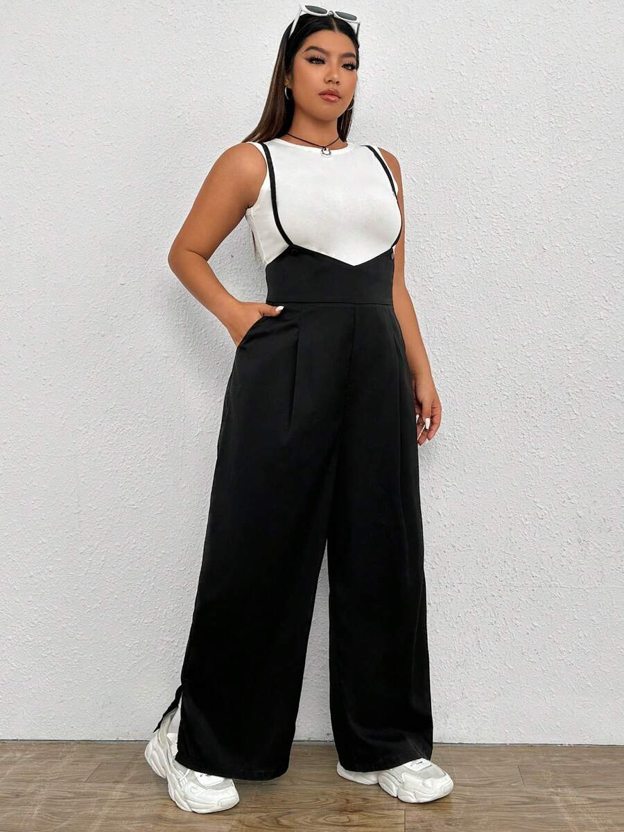 SHEIN EZwear 大碼下擺開叉背帶連身褲不附帶背心 - 黑色 - 查看 1