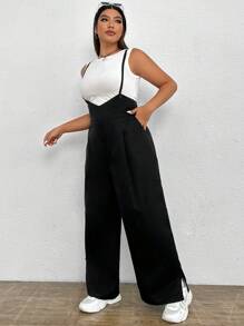 SHEIN EZwear 大碼下擺開叉背帶連身褲不附帶背心 - 黑色 - 查看 3