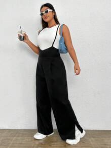 SHEIN EZwear 大碼下擺開叉背帶連身褲不附帶背心 - 黑色 - 查看 4