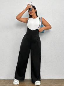 SHEIN EZwear 大碼下擺開叉背帶連身褲不附帶背心 - 黑色 - 查看 5