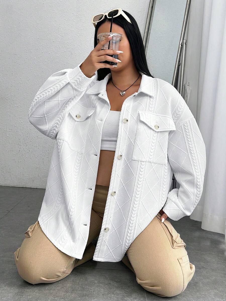 SHEIN EZwear Talla grande Abrigo de hombros caídos con bolsillo con solapa con botón delantero