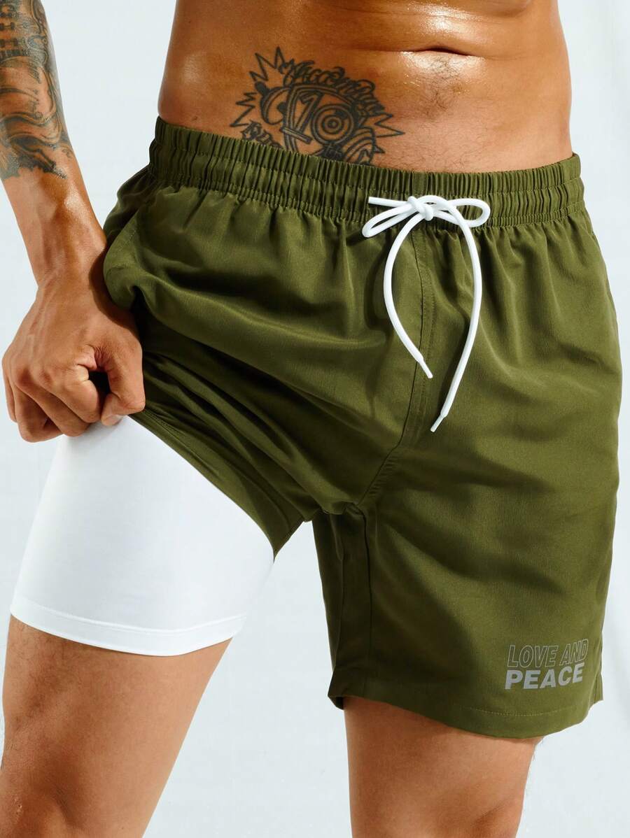 Surfspeed Men Letter Graphic Drawstring Waist Swim Trunks