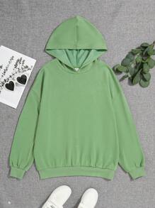 SHEIN EZwear 加大碼字母和花紋印花連帽衫,降肩袖 - 綠色 - 查看 2