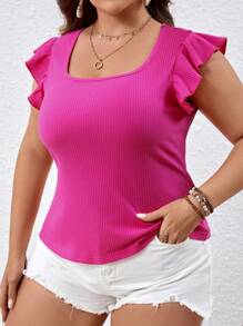 SHEIN VCAY Plus Ruffle Trim Tee - Hot Pink - View 6