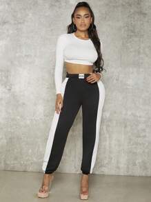 SHEIN SXY 字母補丁細節拼接側邊接縫衛褲 - 黑與白 - 查看 3