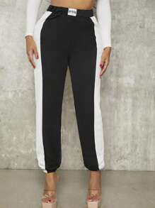 SHEIN SXY 字母補丁細節拼接側邊接縫衛褲 - 黑與白 - 查看 4