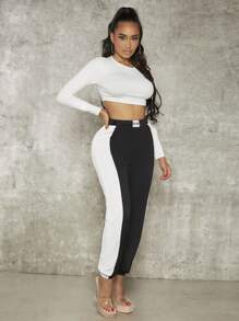 SHEIN SXY 字母補丁細節拼接側邊接縫衛褲 - 黑與白 - 查看 6