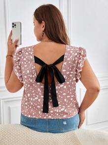 SHEIN Frenchy 大碼滿版印花後綁帶荷葉邊襯衫 - 粉色 - 查看 1