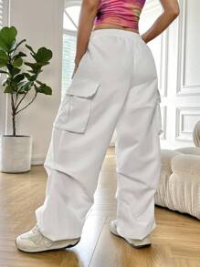 SHEIN EZwear 側翻蓋口袋腰部抽繩工裝褲 - 白色 - 查看 2