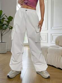 SHEIN EZwear 側翻蓋口袋腰部抽繩工裝褲 - 白色 - 查看 4