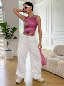 SHEIN EZwear 側翻蓋口袋腰部抽繩工裝褲 - 白色 - 查看 5