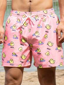 Manfinity Men Cartoon Graphic Drawstring Waist Swim Trunks