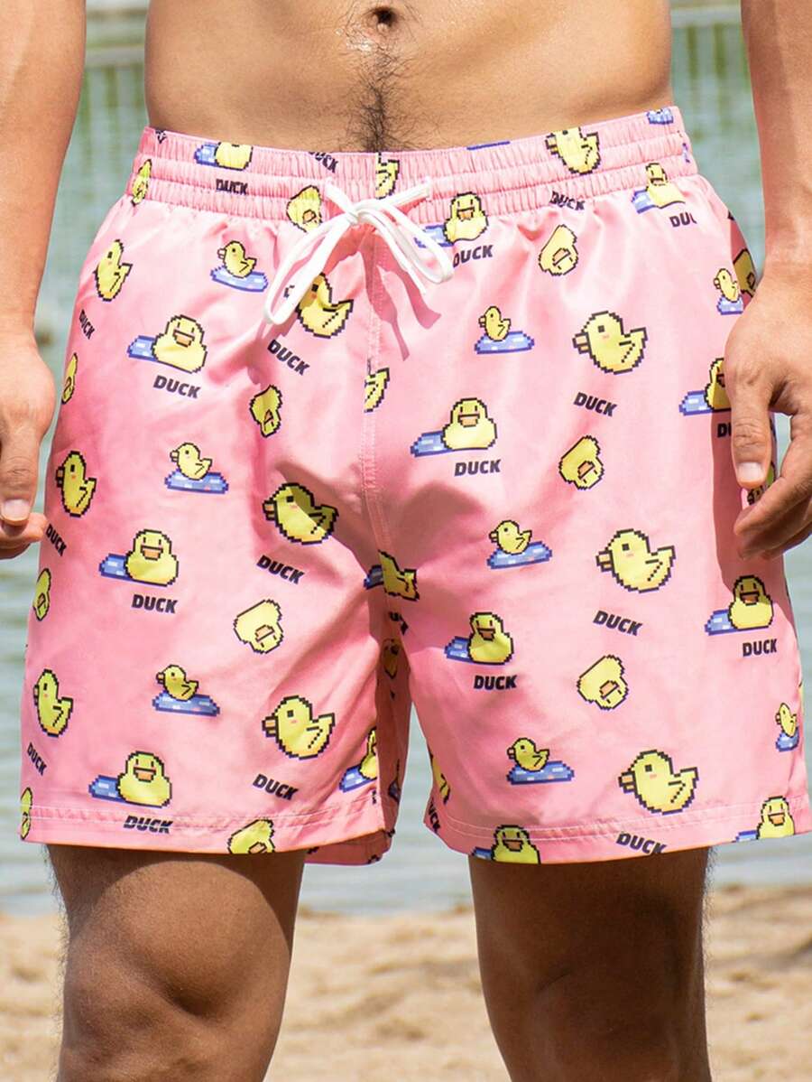 Manfinity Men Cartoon Graphic Drawstring Waist Swim Trunks