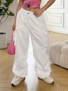 SHEIN EZwear 側翻蓋口袋腰部抽繩工裝褲 - 白色 - 查看 6