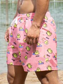 Manfinity Men Cartoon Graphic Drawstring Waist Swim Trunks