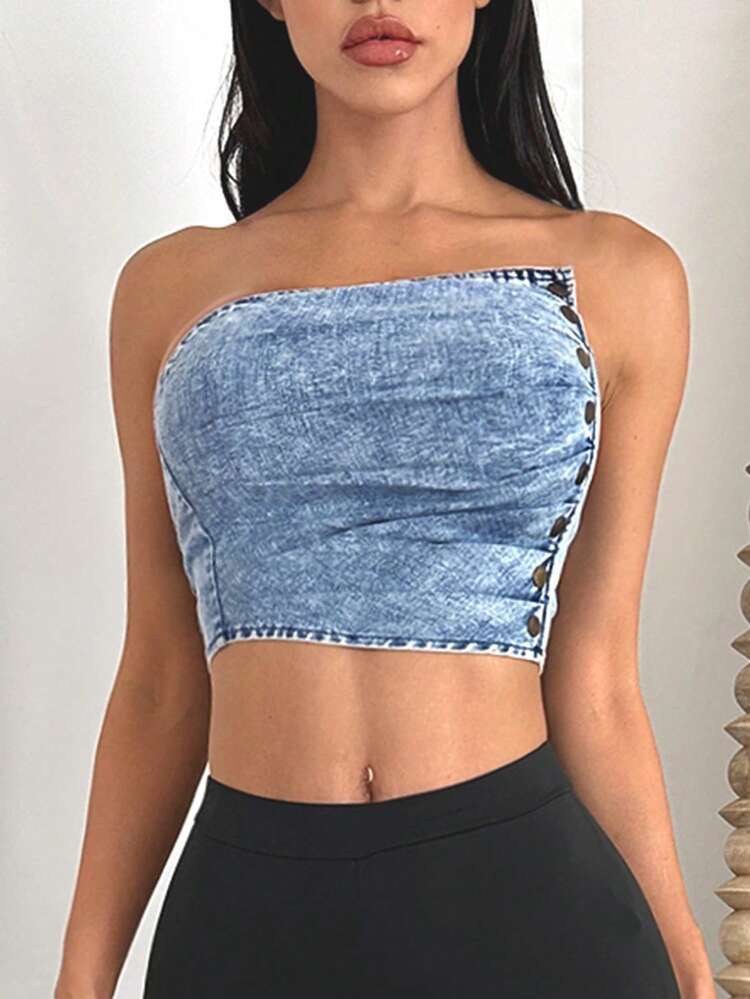 Button Side Crop Tube Denim Top
