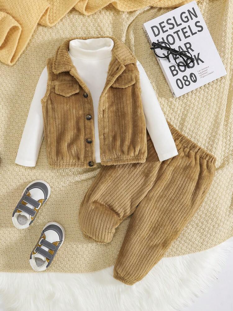 Baby Boy Flannel Vest Jacket & Pants & Tee