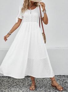 Breezaya Chất rắn Lỗ gắn thêu Knot Cuff Váy chữ A - trắng - Xem 4