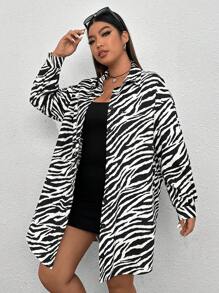 SHEIN Coolane 大碼斑馬條紋落肩袖前紐扣外套 - 黑與白 - 查看 1