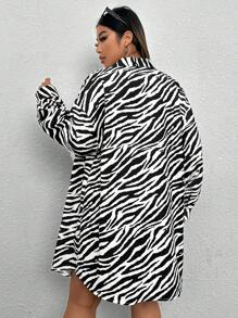 SHEIN Coolane 大碼斑馬條紋落肩袖前紐扣外套 - 黑與白 - 查看 2