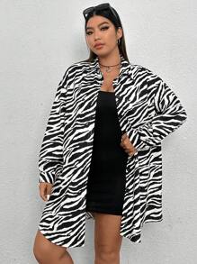 SHEIN Coolane 大碼斑馬條紋落肩袖前紐扣外套 - 黑與白 - 查看 5