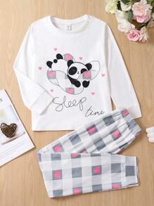 Tween Girl Cartoon & Letter Graphic Tee & Plaid Pants PJ Set - White - View 1