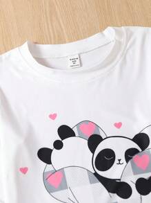 Tween Girl Cartoon & Letter Graphic Tee & Plaid Pants PJ Set - White - View 3