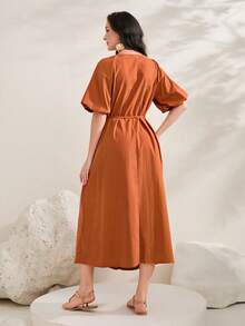Mulvari Solid Puff Sleeve Belted Dress - Orange - View 2