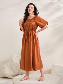 Mulvari Solid Puff Sleeve Belted Dress - Orange - View 3