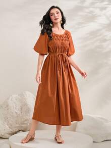 Mulvari Solid Puff Sleeve Belted Dress - Orange - View 4