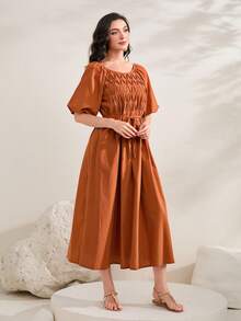 Mulvari Solid Puff Sleeve Belted Dress - Orange - View 5