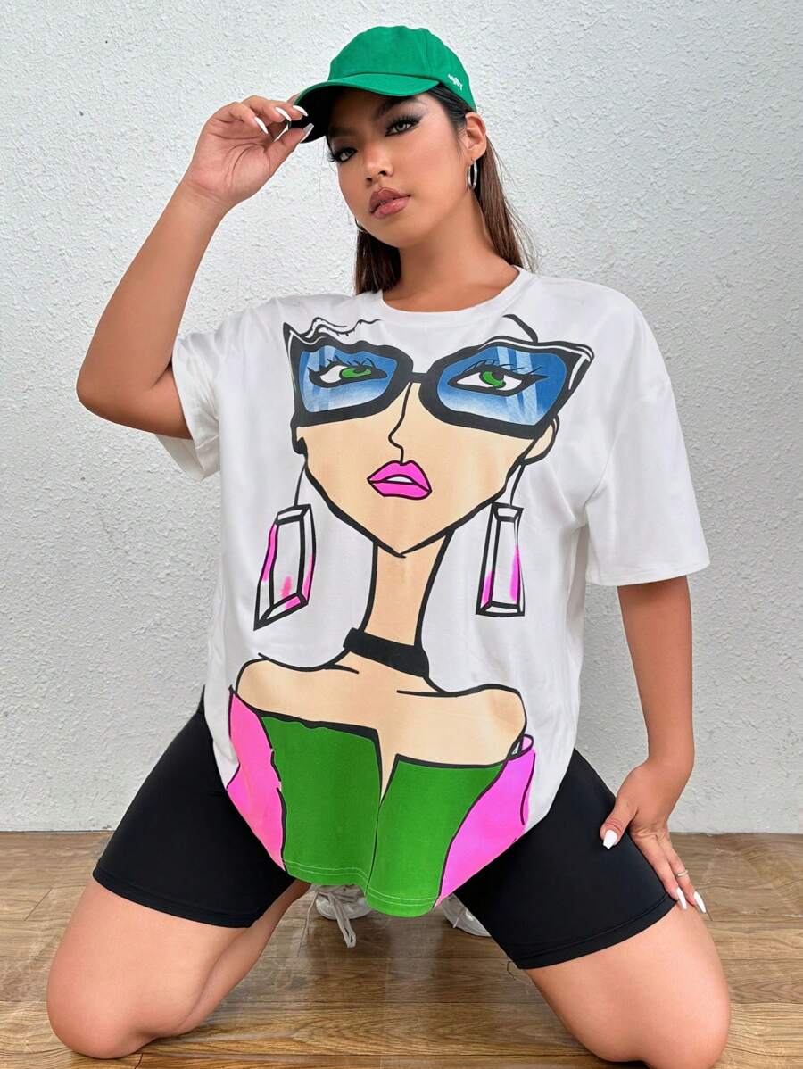 SHEIN Essnce 夏季加大码落肩图案 T 恤 - 白色 - 查看 1