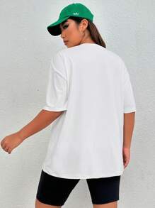 SHEIN Essnce 夏季加大码落肩图案 T 恤 - 白色 - 查看 2