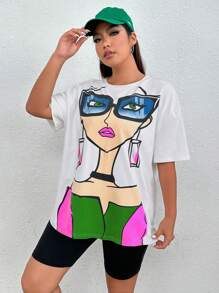 SHEIN Essnce 夏季加大码落肩图案 T 恤 - 白色 - 查看 3