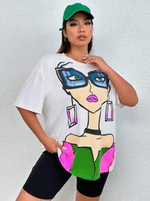 SHEIN Essnce 夏季加大码落肩图案 T 恤 - 白色 - 查看 4