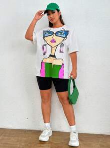 SHEIN Essnce 夏季加大码落肩图案 T 恤 - 白色 - 查看 5