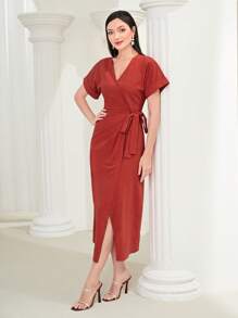 Seusyu 素色圍裹側打結連衣裙 - 紅色 - 查看 2