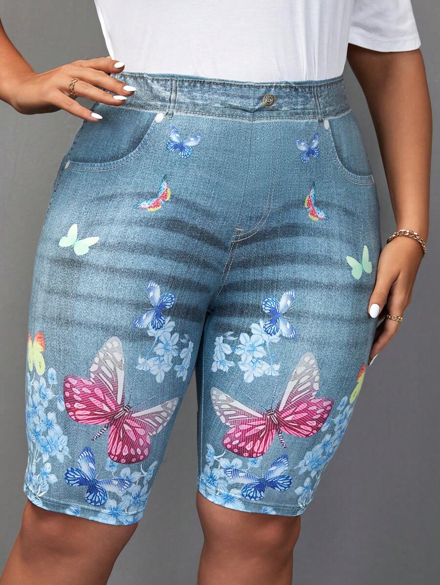 SHEIN LUNE Hơn Loại bướm Hiệu ứng denim In Quần short đi xe - Màu xanh lam - Xem 1