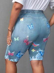 SHEIN LUNE Hơn Loại bướm Hiệu ứng denim In Quần short đi xe - Màu xanh lam - Xem 2