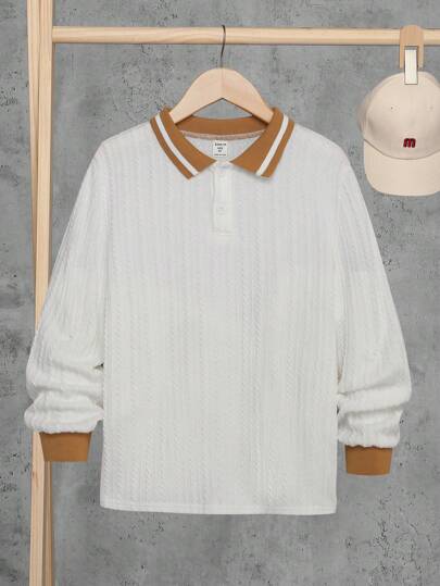 SHEIN 男大童休閒翻領半門襟針織 Polo 衫