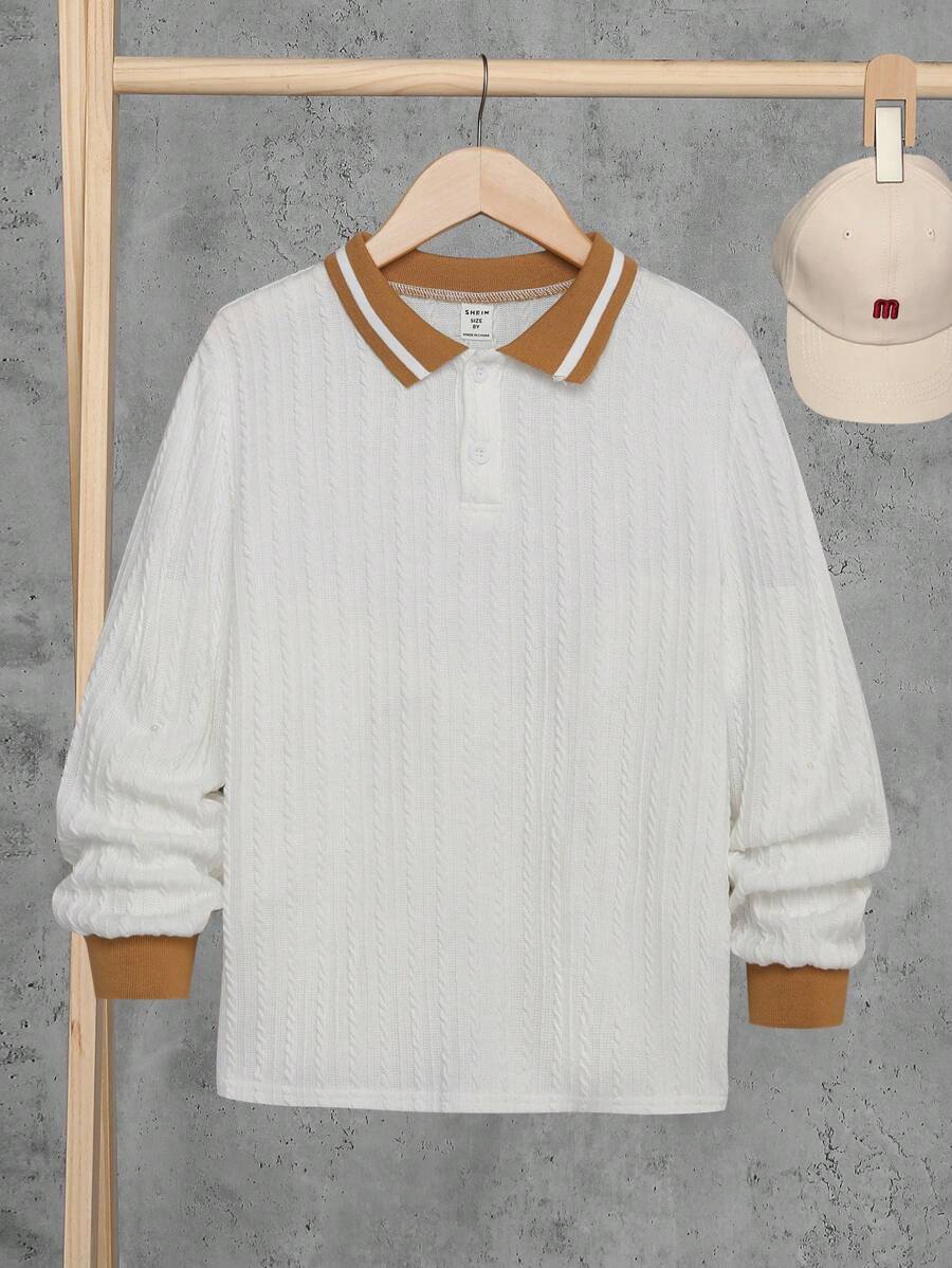 SHEIN 男大童休閒翻領半門襟針織 Polo 衫 - 白色 - 查看 1