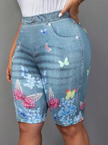SHEIN LUNE Hơn Loại bướm Hiệu ứng denim In Quần short đi xe - Màu xanh lam - Xem 3