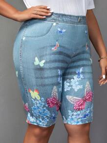 SHEIN LUNE Hơn Loại bướm Hiệu ứng denim In Quần short đi xe - Màu xanh lam - Xem 4
