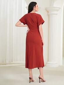 Seusyu 素色圍裹側打結連衣裙 - 紅色 - 查看 3